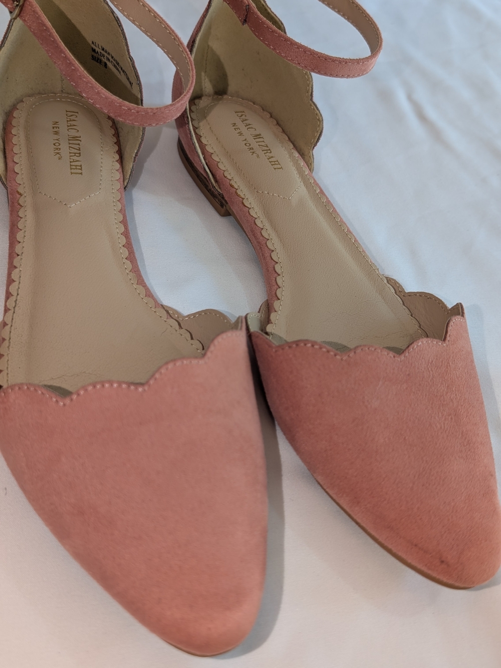 Isaac Mizrahi Dusty Pink Scalloped Suede Ankle-Strap Flats